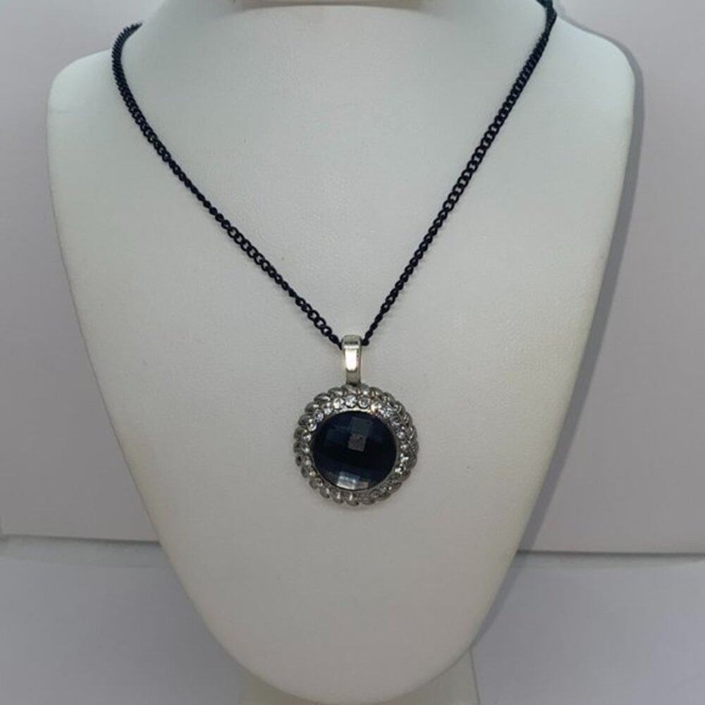 Silver-Tone Texture Blue Rhinestone Black Necklace